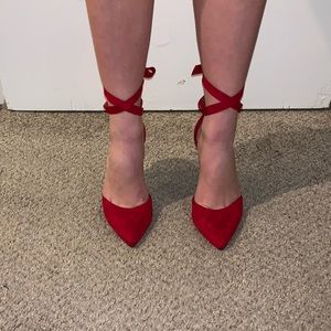 Red lace up stiletto heels